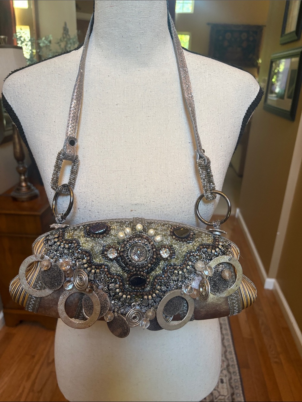 Mary Frances Embellished Metallic Silver Evening Clutch